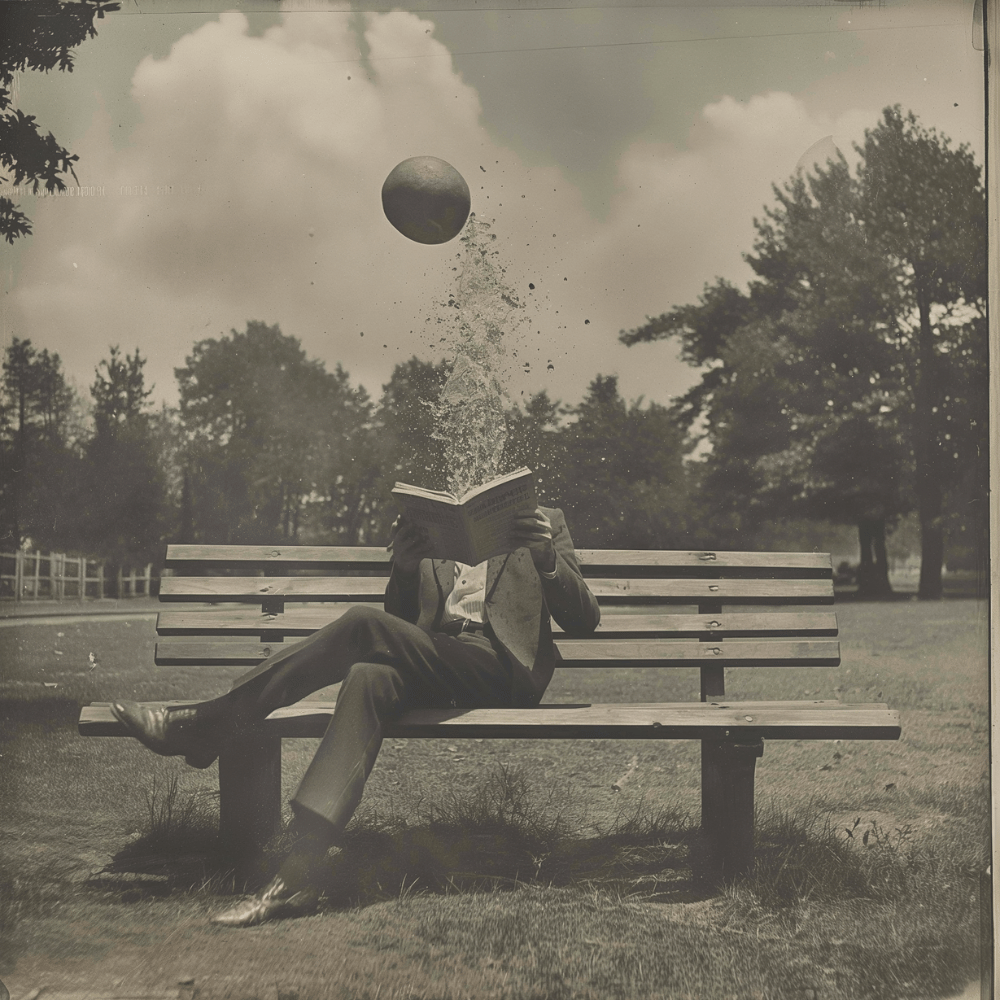 a man reading a book suddenly finds his head has become water and a lemon floats in the sky